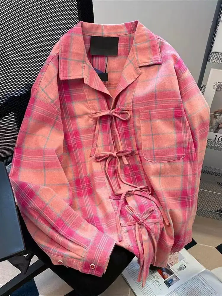 Y2K Winter Clothing - Y2k-Camiseta a cuadros rosa Vintage americana